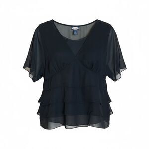 Zoey & Beth Layered Ruffle Sheer Chiffon Short Sleeve Blouse Top Black Size 2X